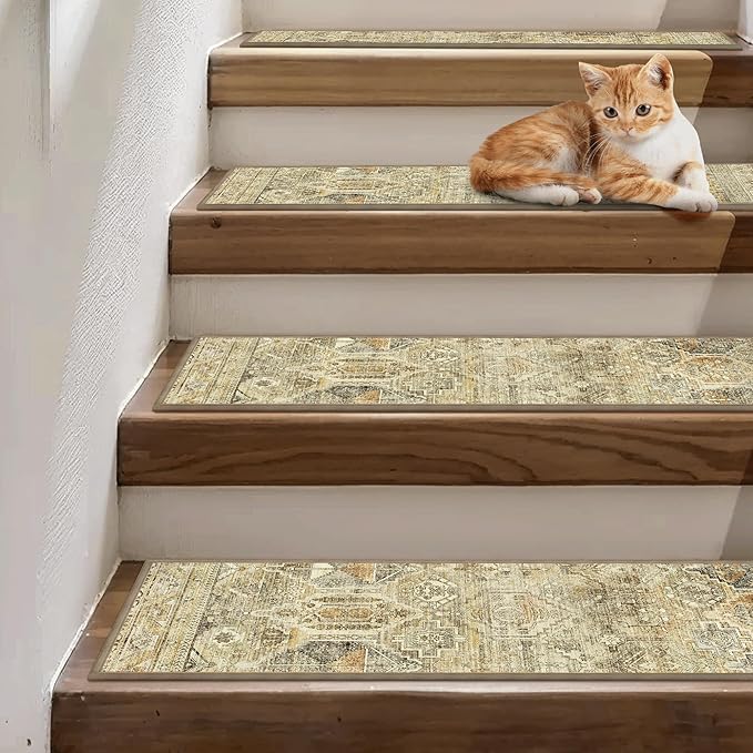 sarben Carpet Stair Treads Non Slip 15PCS, 8" X 30" Edging Stair Runner for Wooden Steps Indoor, Resistant Stair Rugs with Reusable TPE Adhesive Backing, Residue Mat for Elders, Pets, Tawny/Ivory
