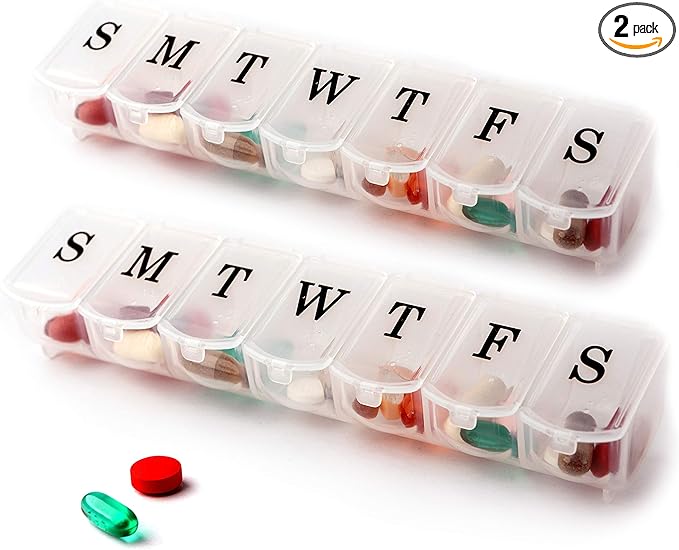 Deke Home - Weekly Pill Organizer (2 Pack), 7 Day Pill Box with Large Compartments & Snap-Shut Lids, Easy Open, BPA Free Plastic Medicine Organizer for Pills, Vitamins & Supplements, Travel Friendly