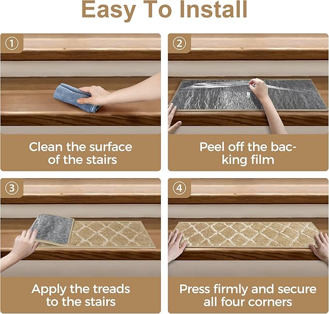Non Slip Microfiber Stair Treads for Wooden Steps, 15PCS 8"x30" Indoor Safety Carpet, 3D Cut & Loop Tufted Edging Mats with TPE Adhesive Backing, Pet & Elderly Friendly Stair Rugs (Tan/White)