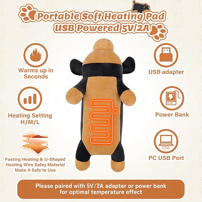 Electric Heating Pad for Period Cramps, 14'' Black Dachshund Dog Plush with a Hot Soft Belly USB Powered, Menstrual Heating Pad Neck Shoulder Pain Relief, Gift for Daughter Wife Period Heating Pad