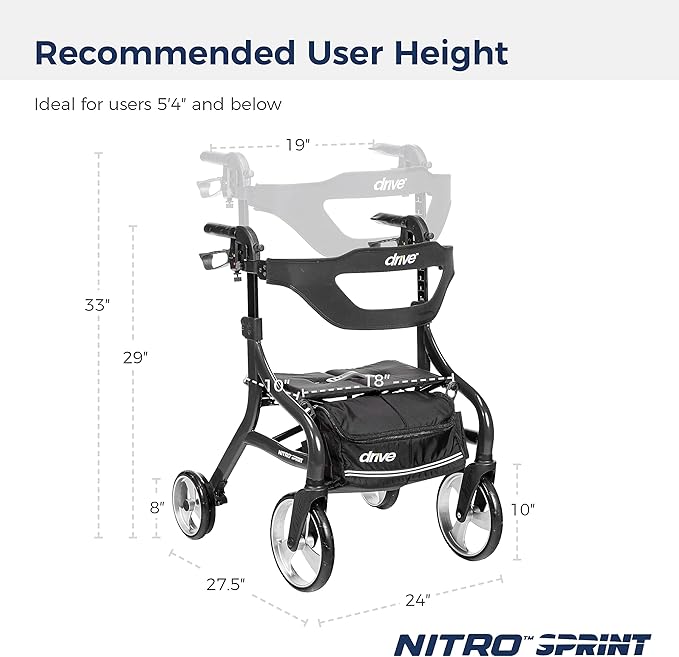 Drive Medical Nitro Sprint Foldable Rollator Walker with Seat, Petite Height Lightweight Rollator with Large Wheels, Folding Rollator, Short Rolling Walker for Seniors and Adults, Black