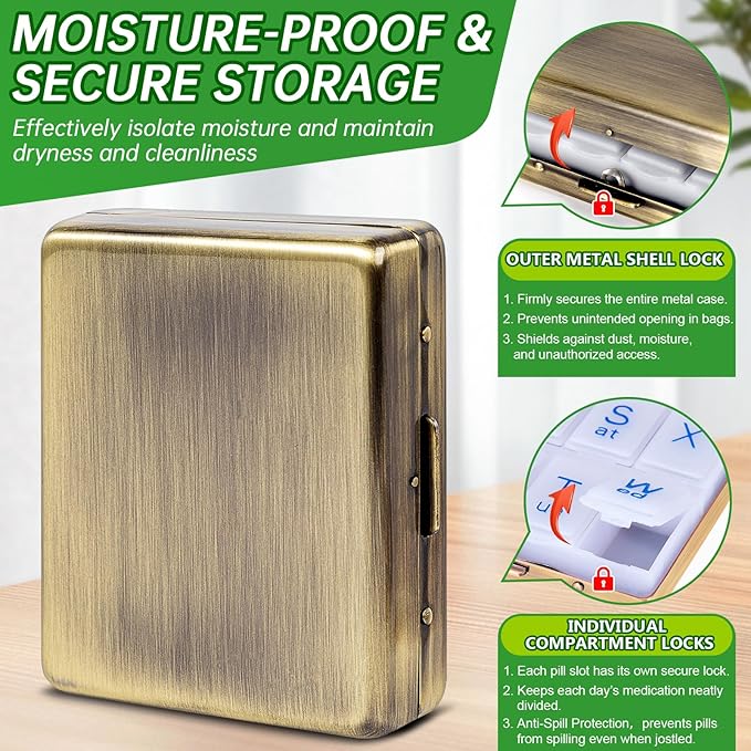 Portable Metal Travel Pill Organizer (7 Days a Week), Large Capacity 8 Compartments, BPA-Free (M-Antique Bronze, Medium)