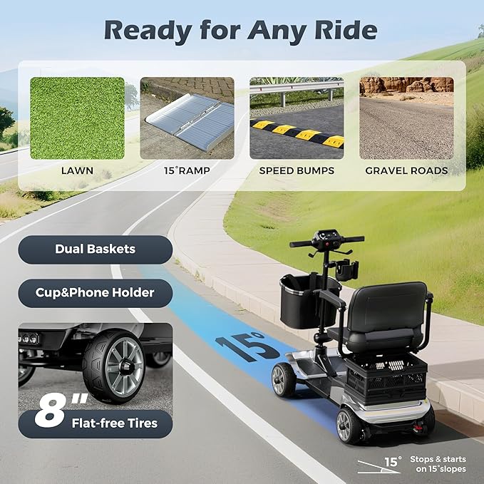 Mobility Scooter for Adults & Seniors with Removable Battery, Cruise & Airport Approved, Foldable Motorized Scooters with Dual Basket, Phone & Cup Holder, Silver