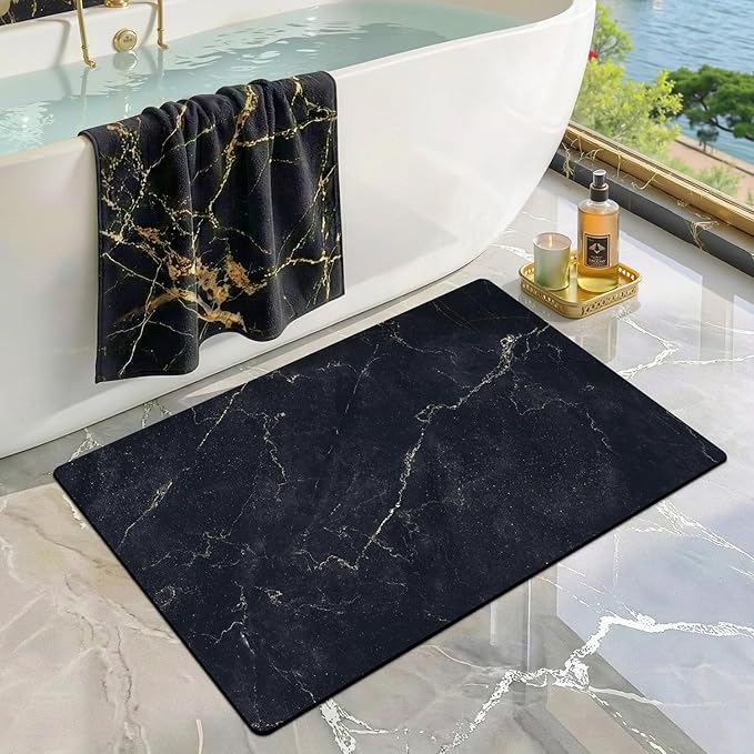 LUMI Ultra Thin Bath Mat, Super Absorbent Quick Dry Bathroom Rugs, Non-Slip Bathroom Mats, Marble Bathmats Fit Under Door, Bathtub, Sink, Shower Room, 24"x44", Black