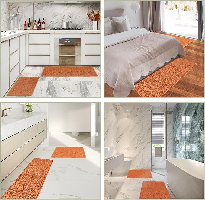 Burnt Orange Bathroom Rugs Sets 2 Piece – Absorbent and Washable Bath Mat, Non-Slip, Thick Soft Chenille Bath Rugs for Bathroom Floor, Shower, Sink - 20" x 32"+24" x 36"