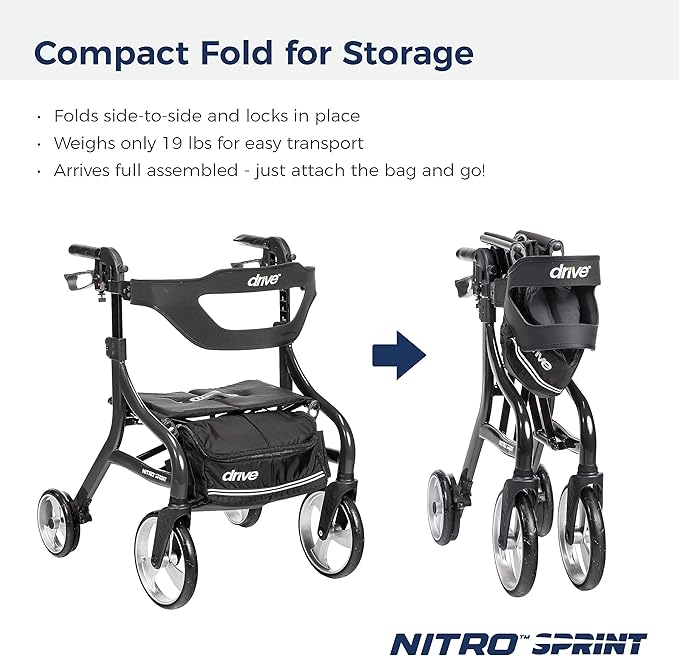 Drive Medical Nitro Sprint Foldable Rollator Walker with Seat, Petite Height Lightweight Rollator with Large Wheels, Folding Rollator, Short Rolling Walker for Seniors and Adults, Black