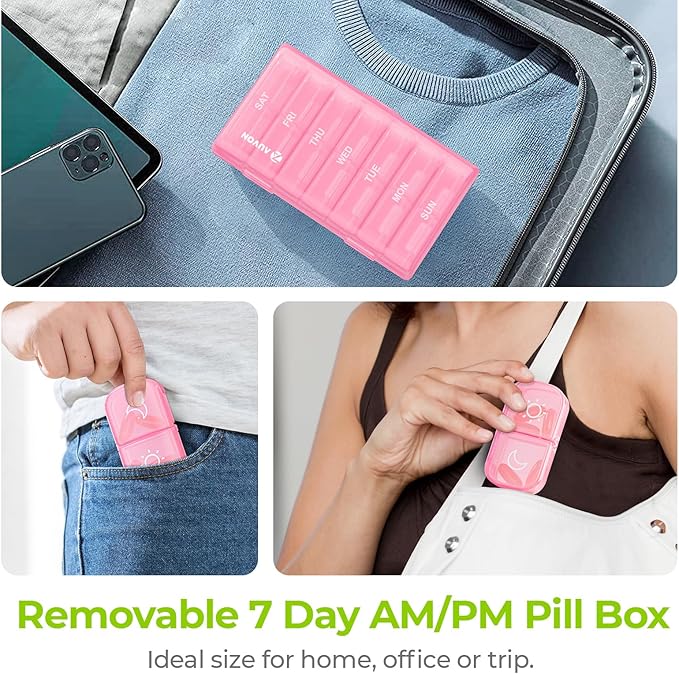 AUVON XL Weekly Pill Organizer 2 Times a Day, Pill Box 7 Day with One-Side Large Openings for Easy to Use, Sakura Pink AM PM Pill Case for Medication, Vitamins, Fish Oils, Supplements