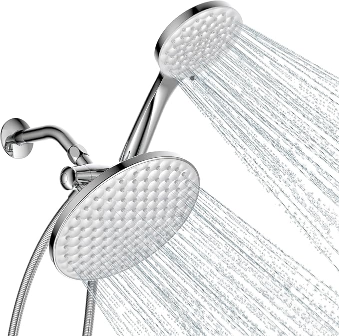 dual shower head with handheld combo,8.6 inch Rainfall showerhead,6 settings hand held shower heads with hose (Chrome)