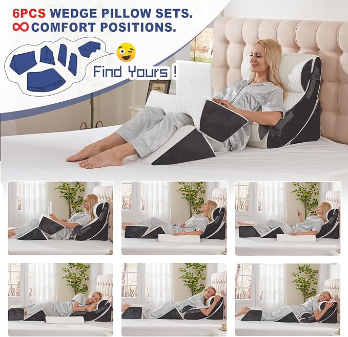 WSOFRLAC 6PCS Multi-Functional Bed Wedge Pillow Kit - 7-in-1 Orthopedic Support for Back/Neck/Legs, Post Surgery Recovery & Sitting Up in Bed, Post Surgery Foam for Body, White Grey