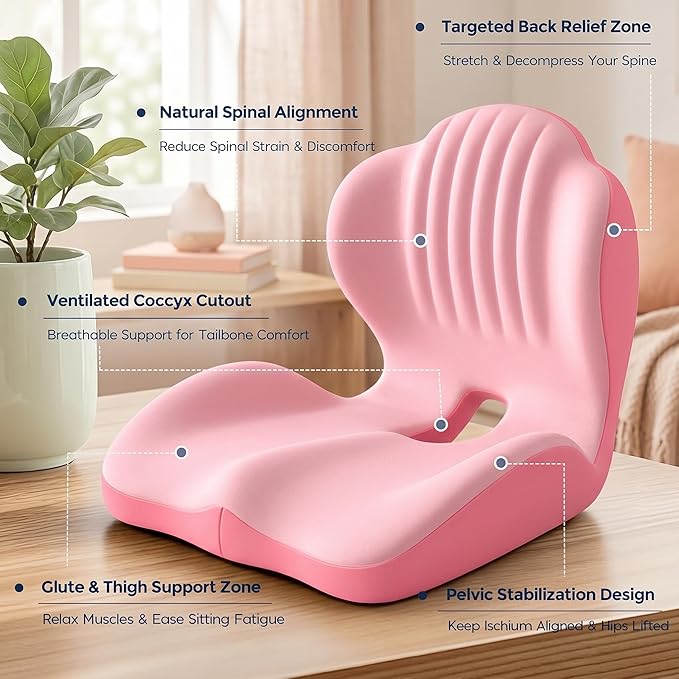 Ergonomic Lumbar & Seat Support Cushion, 2-in-1 Memory Foam Cushion with Coccyx Hollow Design for Office Chair, Car Seat, Home Use - Relieves Back & Hip Pain (Pink)