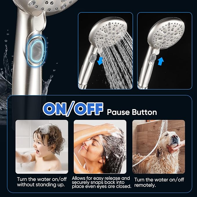 Cobbe 9-Function Shower Head with Built-in Power Spray, 1.8 GPM Water Saving ON/OFF Toggle Switch, High Pressure Handheld Showerhead with 1-Click Pause Button, Brass Bracket & 6ft Hose, Brushed Nickel