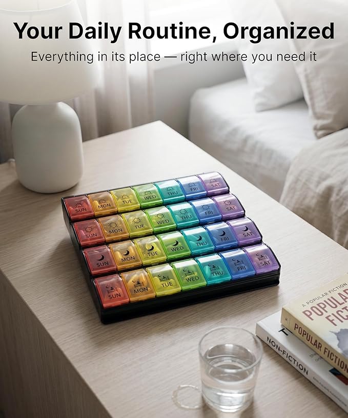 Weekly Pill Organizer 4 Times a Day – Monthly Medication Organizer with Quick-Fill Bottom Opening for Fast Refill, 7 Day Morning Noon Evening Night Pill Box, 28 Large Compartments for Daily Medicine