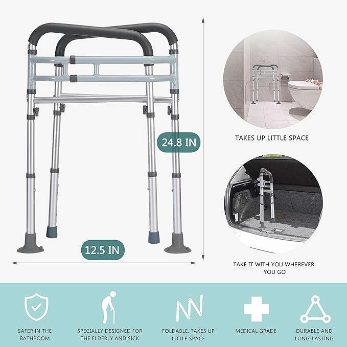 Lianjindun Toilet Safety Rails, Adjustable Toilet Frame for Elderly, Seniors, Handicap & Disabled, Foldable Handicap Toilet Handles Fit Any Toilets (Gray)