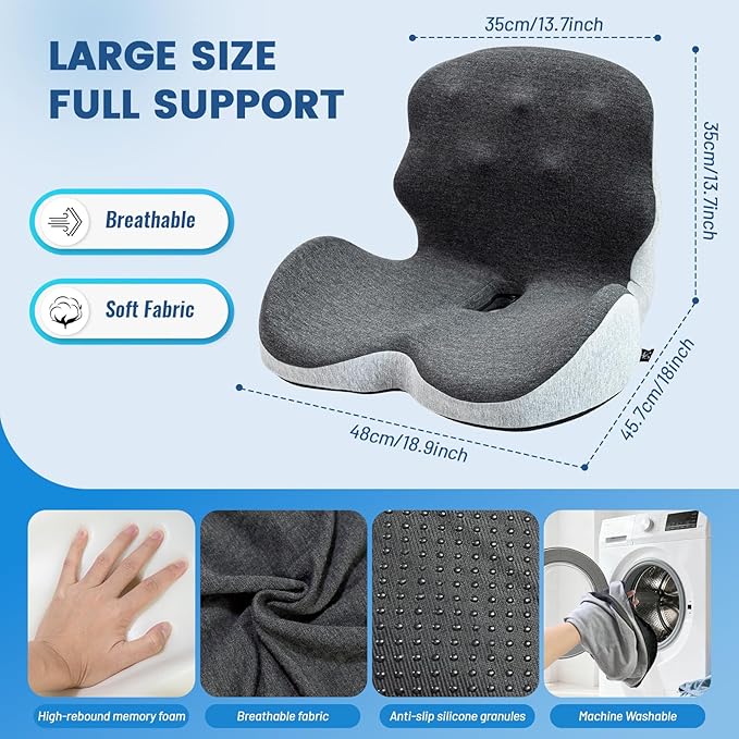 Seat Cushion - Memory Foam Cushion for Office Chair, Lumbar Support Pillow One Piece, for Sciatica & Tailbone Pressure Relief Coccyx Pad for Long Sitting Office Chair, Wheelchair, Home, Office