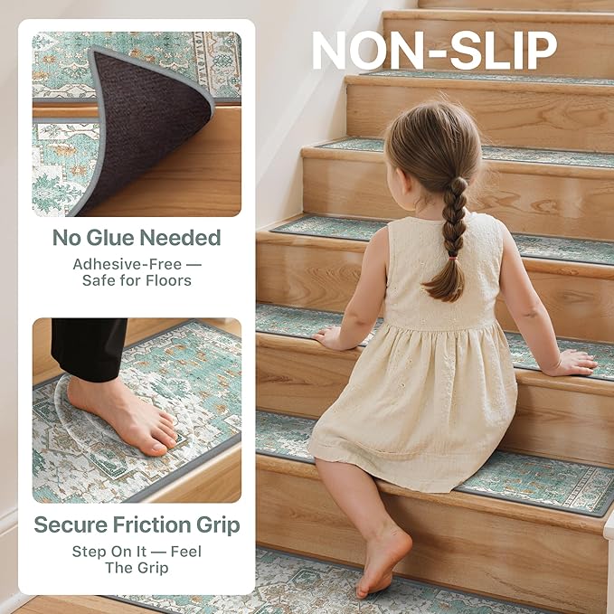 Non Slip Stair Treads for Wooden Steps 15PCS - 8"x30" Indoor Safety Carpet, Edging Mats with TPE Adhesive Backing, Pet and Elderly Friendly Stair Rugs (Cyan)