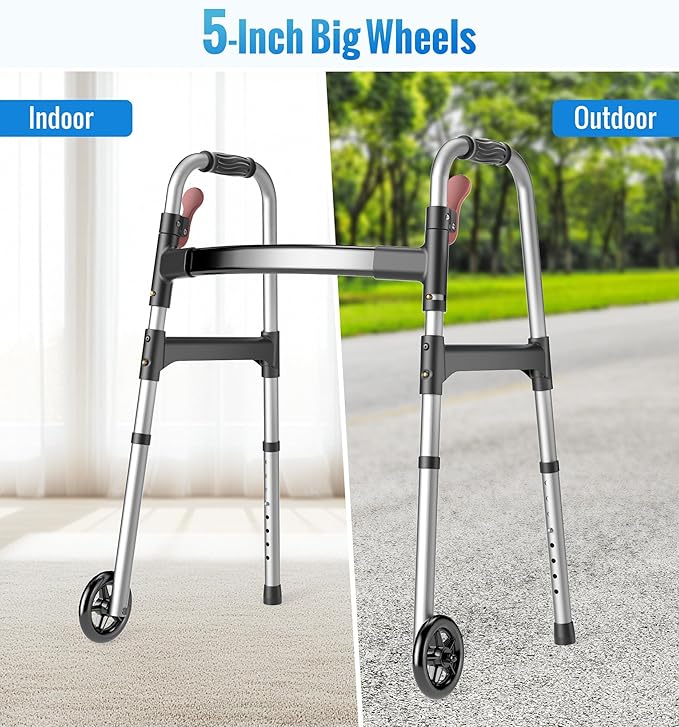 HOMLAND Walkers for Seniors, One-Hand Folding, 8 Height Adjustments, Walkers with Wheels, 2 Skis and 5" Wheels, Lightweight Walker for Seniors, Standard Walkers for Seniors, Aluminum Frame, Silver