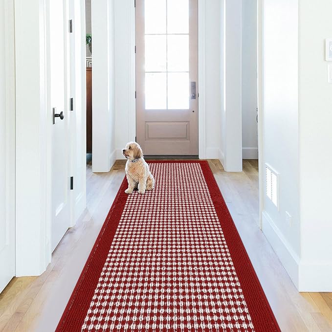 Ileading Christmas Hallway Runner Rug 2x6ft Red Kitchen Floor Mat Modern Geometric Non Slip Throw Rugs Indoor Doormat Machine Washable Accent Carpet for Winter Holiday Valentine's Day Decor