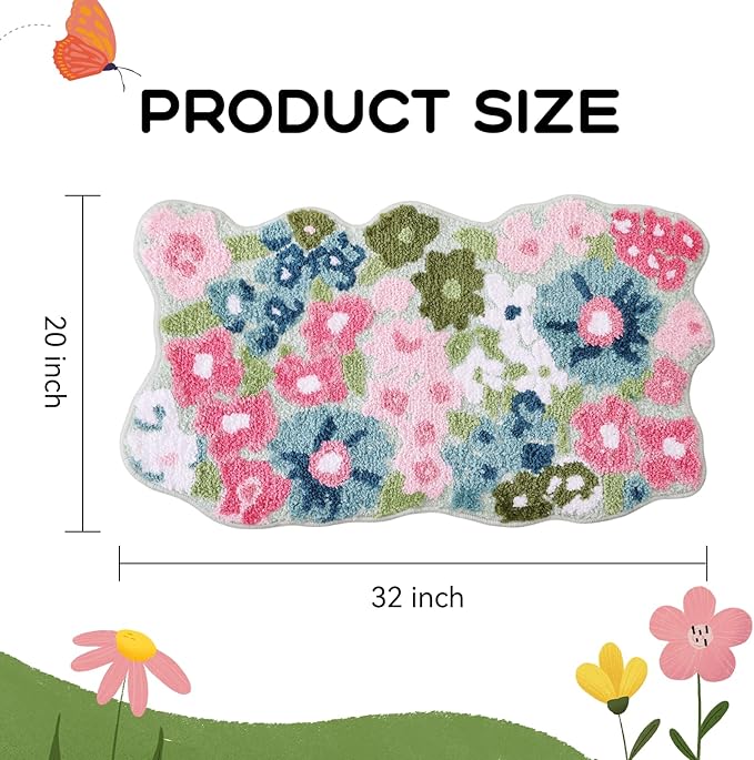 TRUEDAYS Wildflower Floral Bathroom Rug - Cute Tufted Non Slip Soft Flower Shaped Bath Mat, Washable Farmhouse & Cottagecore Bathroom Decor - Aesthetic Green Rug for Vanity, Tub, Entryway