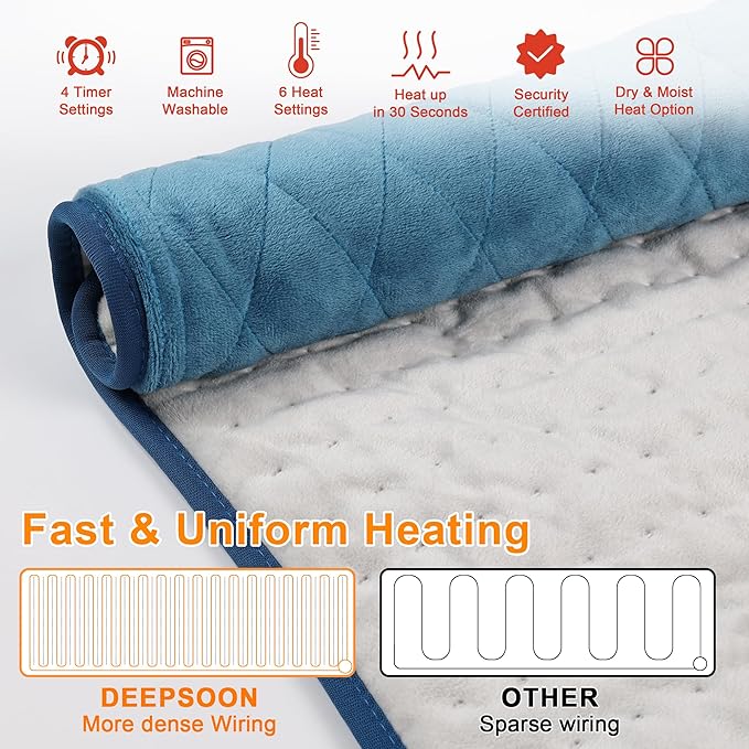 Deepsoon Heating Pad,Electric Heating Pads for Back,Neck,Moist Heating Pad for Abdomen Shoulder Knee Legs,Dry/Moist Heat&Auto Shut Off,Mother's Day Birthday for Men and Women,Weighted Blue,24x12 Inch