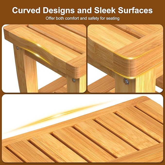 Bamboo Shower Bench Stool with Storage Shelf Waterproof Shower Chair Spa Bath Seat First Apartment Essentials New Home Must Haves Things Stuff Accessories House Warming Hostess Host
