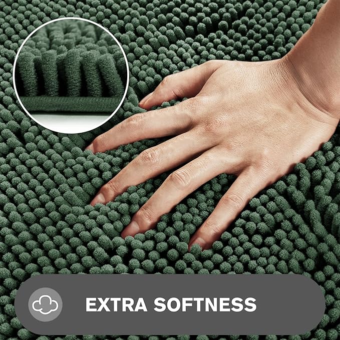 Dark Green Bathroom Rugs Sets 2 Piece – Absorbent and Washable Bath Mat, Non-Slip, Thick Soft Chenille Bath Rugs for Bathroom Floor, Shower, Sink - 17" x 24"+20" x 32"