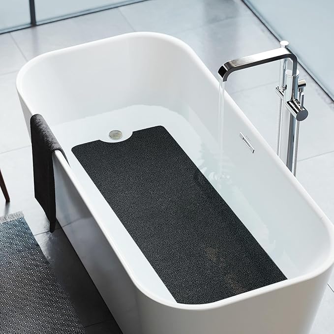 HITSLAM Non Slip Bathtub Mat 40 x 20 Inch, Extra Long Bath Mat for Tub, Soft PVC Loofah Shower Floor Mat with Drain, Quick Drying Bathroom Tub Mat for Wet Area, Without Suction Cup, Black
