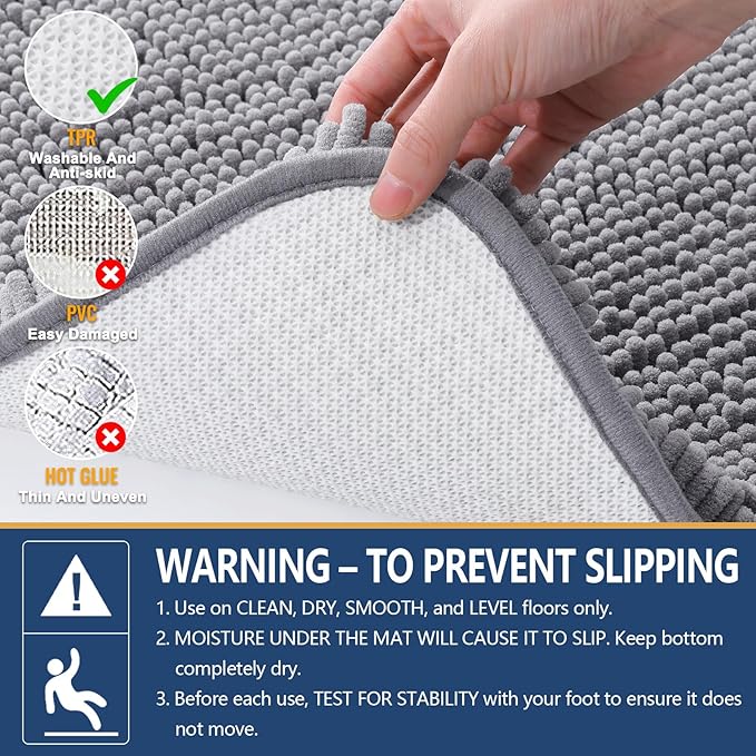Arotive Bathroom Rugs 59x20, Extra Soft Absorbent Shaggy Chenille Bath Rugs, Machine Washable Rubber Backing Non-Slip Bath Mats for Bathroom Floor Tub and Shower, Home Decor Accessories, Grey