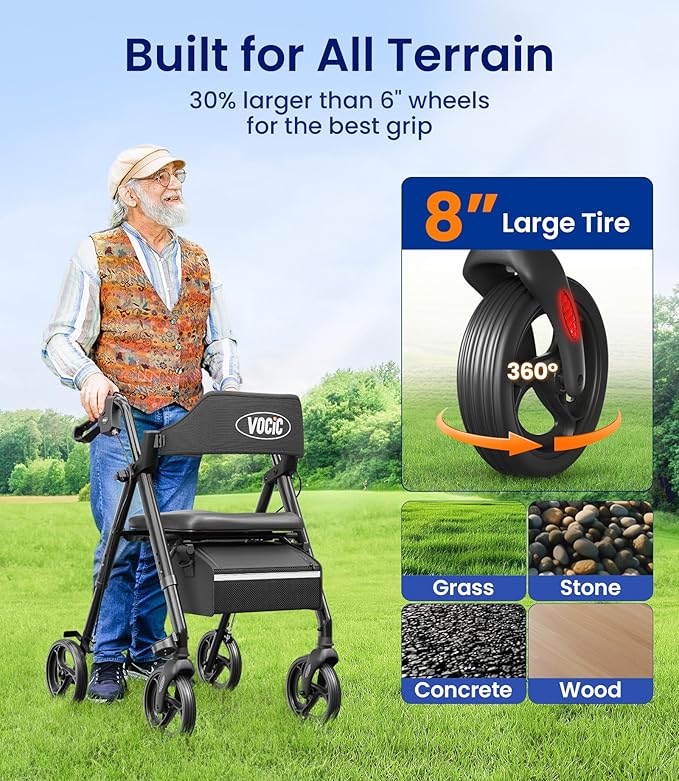 VOCIC Walkers for Seniors, Z21 Rollator Walker with Seat Supports 350lb, 8" Big Wheels for All Terrain, Ergonomic Arc Seat & 6" Ultra Backrest Foldable Walker, Dual Height Adjustment, Lightweight 2025