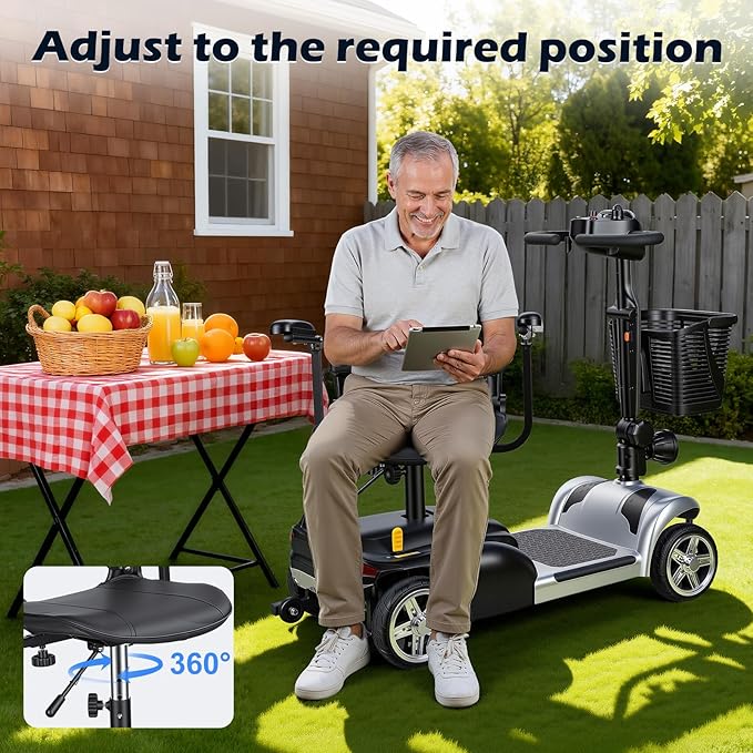 4-Wheel Foldable Electric Scooter for Adults | Long Range Mobility Scooter with Basket, Charger & Compact Heavy Duty Mobile for Travel with 330lb Capacity, Outdoor Use (Silver)