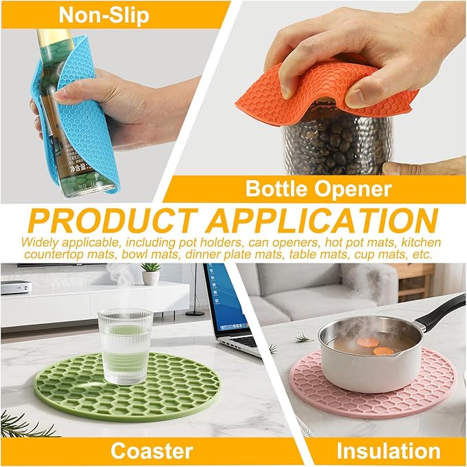 uxcell 4pcs Silicone Jar Opener Pads, 17.5cm/7" Texture Can Opener Multipurpose Round Bottle Lid Opener Non-Slip Coasters for Weak Hands Seniors Children, Brown/Pink/Orange/Blue