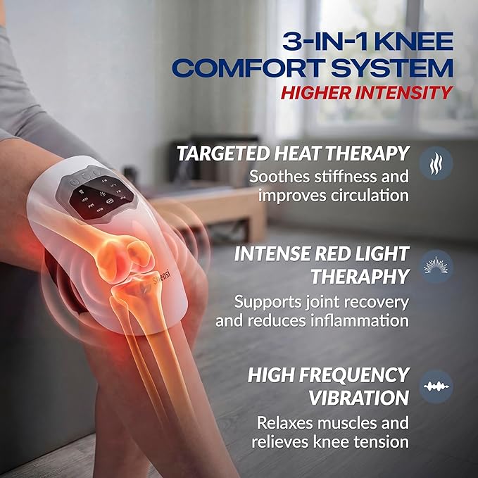 Knee Massager for Pain Relief, Portable Cordless Knee Massager with Red Light Therapy, Heat and Vibration, 3 Heat Levels and 3 Vibration Modes for Joint Recovery, Sports Injury and Muscle relaxation
