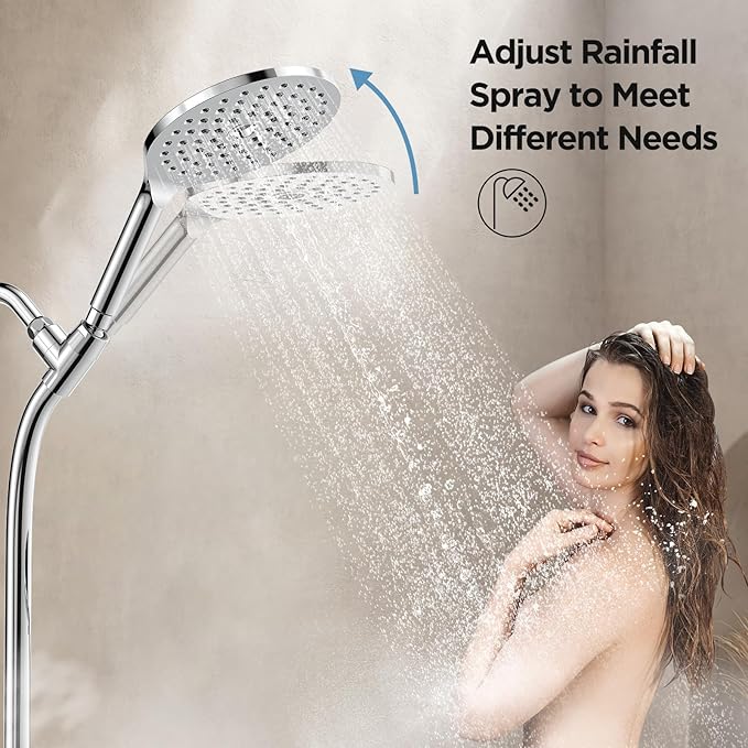 MakeFit Drill-free Dual Shower Head with Handheld Combo Rainfall Shower Head Easy Reach 3-way Diverter Stainless Steel Slide Bar with Height Adjustable Holder Adjustable Rain Showerhead (Chrome)