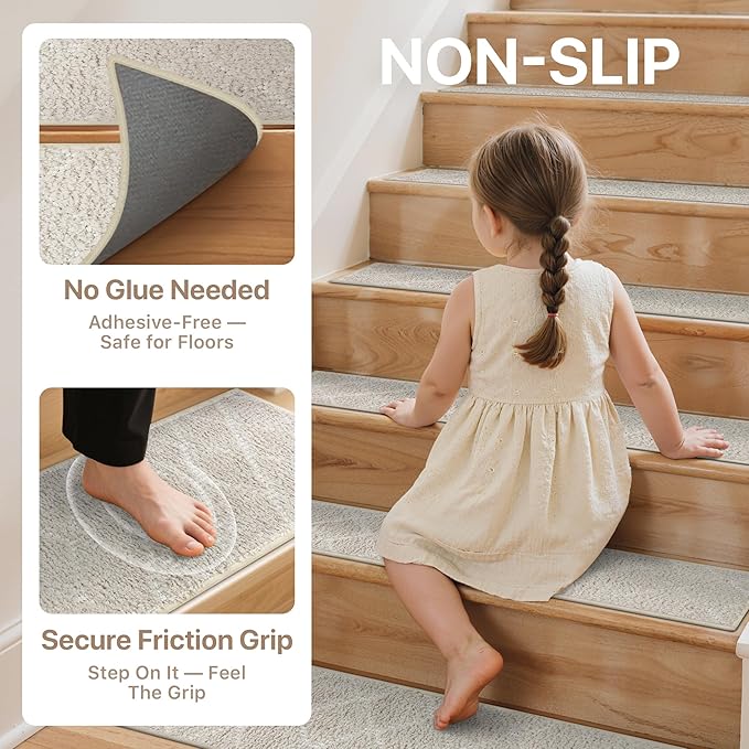 Non Slip Microfiber Stair Treads for Wooden Steps, 15PCS 8"x30" Indoor Safety Carpet, 3D Cut & Loop Tufted Edging Mats with TPE Adhesive Backing, Pet & Elderly Friendly Stair Rugs (Beige/White)