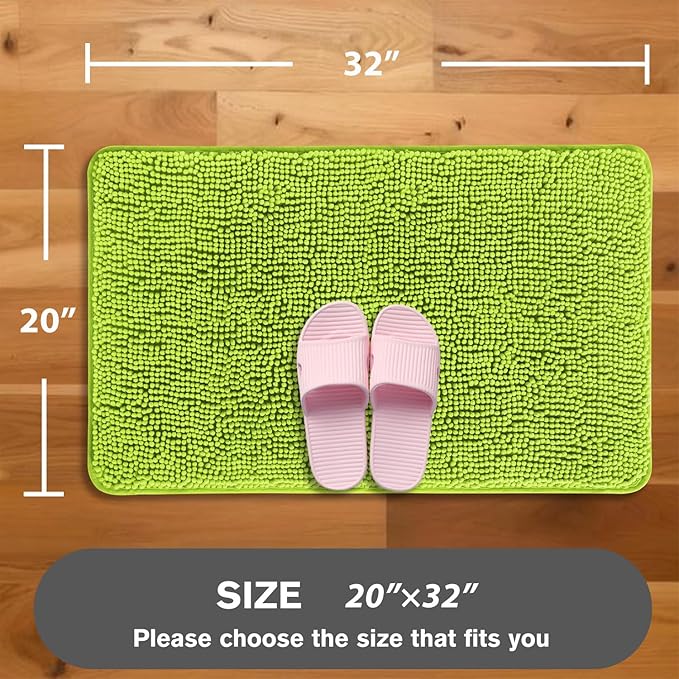 Lime Green Bathroom Rugs – Absorbent and Washable Bath Mat, Non-Slip, Thick Soft Chenille Bath Rugs for Bathroom Floor, Shower, Sink - 20" x 32"