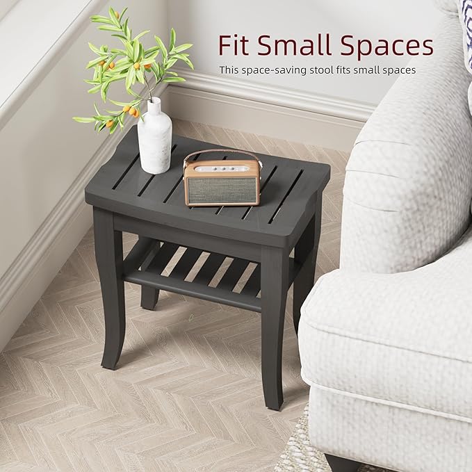 Bamboo Shower Bench, Spa Small Shower Stool for Inside Shower Waterproof, Bathroom Bench Seat with Storage Shelf for Adults Elderly Seniors, Wood Chair for Indoor or Outdoor Use, Black