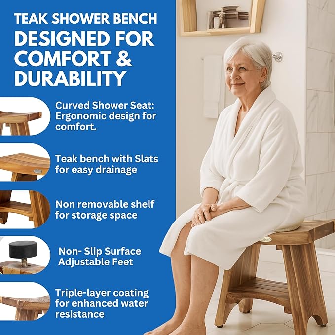 EcoDecors Serenity Teak Shower Bench – 18 Inch, Natural Finish + Loveable 24 oz Teak Oil + Loveable 32 oz Teak Cleaner + Loveable 16 oz Protexion Sealer