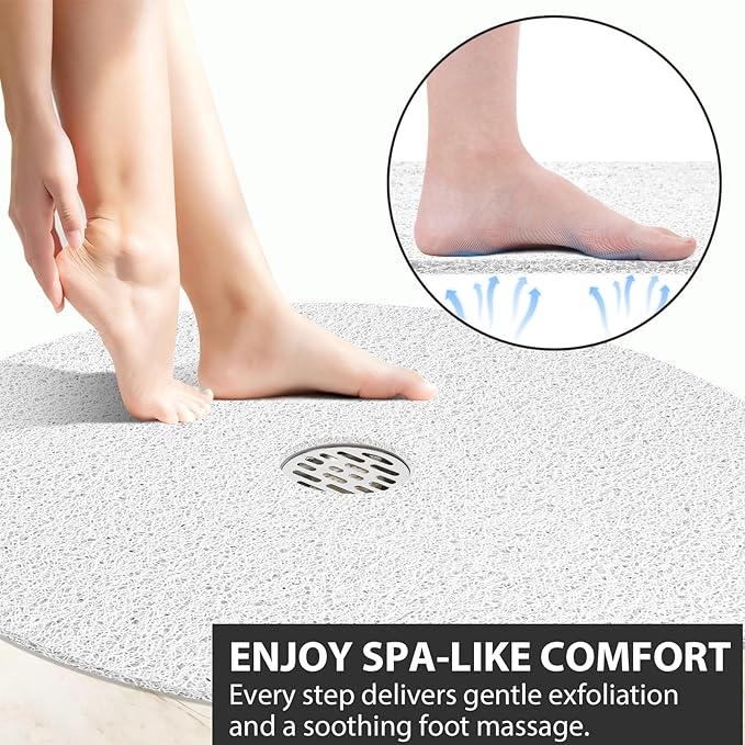 Non Slip Shower Mat: 32x32 inch Round Shower Mats for Inside Shower with Central Drain Hole, Soft Loofah Shower Floor Mat for Standing Shower Stall, RV, Tile Fiberglass Shower Pan, Quick Dry