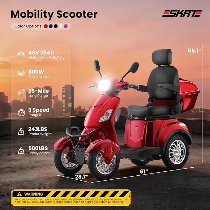 Super Large Electric 4 Wheel Mobility Scooters, Heavy Duty 800W Wheelchair Device, 25 Miles Long Range, All Terrain Mobility Scooter，Speed Adjust, Remote Key,Receive Ready to Ride (Red)