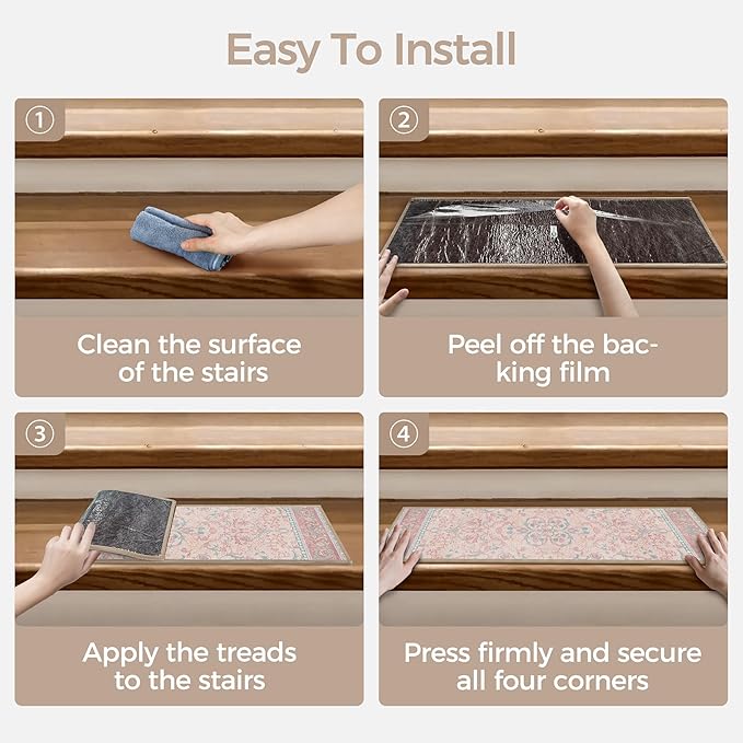 Non Slip Stair Treads for Wooden Steps 15PCS - 8"x30" Indoor Safety Carpet, Edging Mats with TPE Adhesive Backing, Pet and Elderly Friendly Stair Rugs (Light Pink Blue)
