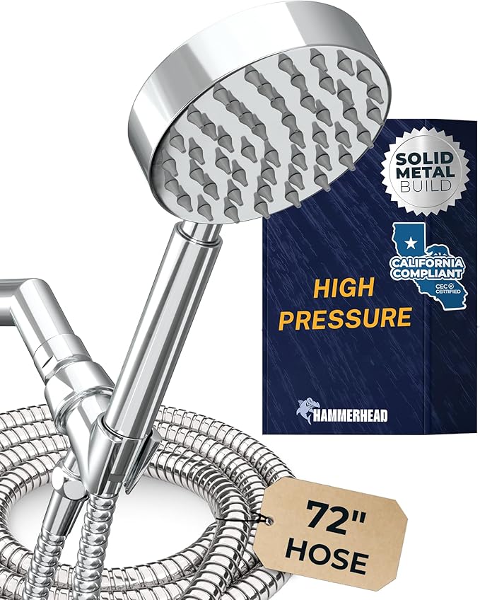 HammerHead Showers® Solid Metal LOW FLOW Handheld Shower Head with Hose and Brass Holder - CHROME – Water Saving 1.75 GPM Detachable Shower Head - Adjustable Shower Wand Bracket & 6ft Hose