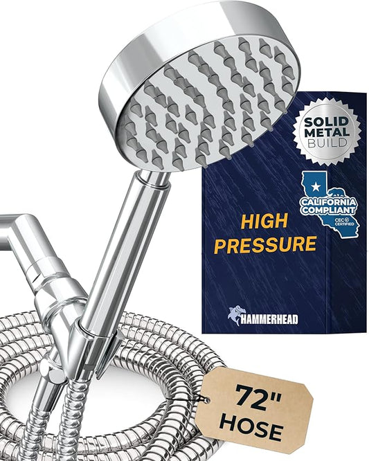 HammerHead Showers® Solid Metal LOW FLOW Handheld Shower Head with Hose and Brass Holder - CHROME – Water Saving 1.75 GPM Detachable Shower Head - Adjustable Shower Wand Bracket & 6ft Hose