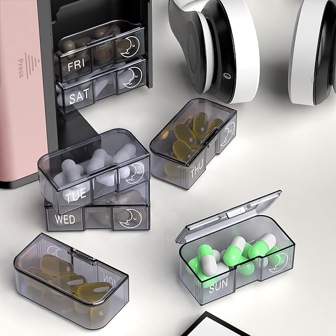 Pill Organizer 7 Day AM PM, Discreet 2 Times a Day Weekly Pill Box with Double Protection Shell, Large Capacity Portable Vitamin Case for Travel Meds & Medicine Organizer (Silver and Pink)
