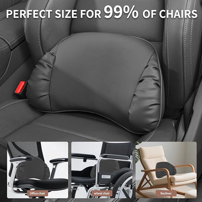 Lumbar Support Pillow for Car Seat, Memory Foam Leather Lumbar Pillow for Lower Back Pain Relief - Back Cushion for Driving - Chair Support for Office Chair, Gaming Chair, Black, 1 Pack