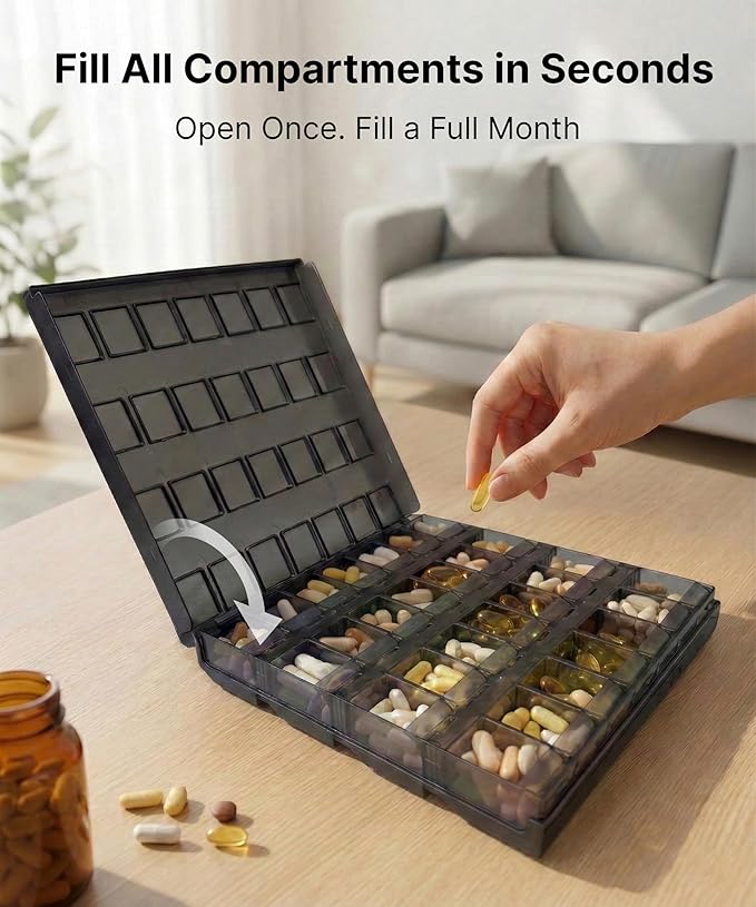 Weekly Pill Organizer 4 Times a Day – Monthly Medication Organizer with Quick-Fill Bottom Opening for Fast Refill, 7 Day Morning Noon Evening Night Pill Box, 28 Large Compartments for Daily Medicine