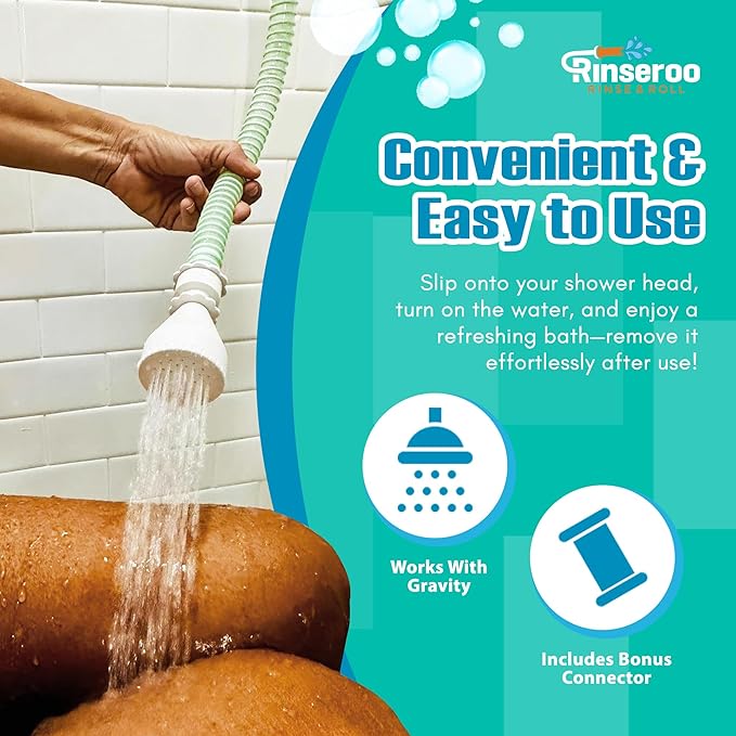 Rinseroo: Slip-On Handheld Shower Attachment Hose w/Spray Head-for Seated Bathing. Converts Fixed Shower Head into Handheld Bather. Portable, No-Install Shower Hose Wand for Seniors, RV. Gravity fed.