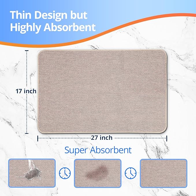 2 Pack Bathroom Rugs 17x27Inch, Thin Bath Mat with Rubber Backing Non-Slip, Absorbent,Quick Dry Machine Washable, Home Decor Accessories Cozy Cloth Bathroom Mat fit Under Door/Sink/Tub/Shower-Biege