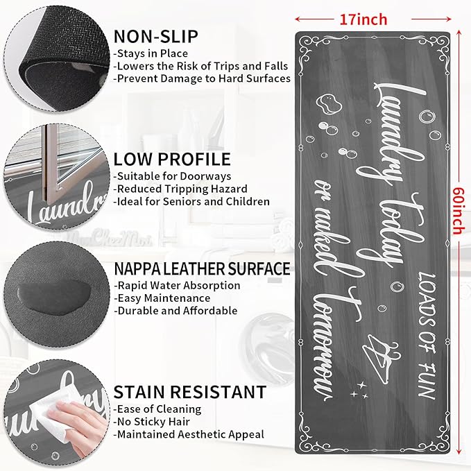 XLHOMO Laundry Room Rug Runner, 17"x60" Non Slip Nappa Leather Laundry Rugs, Grey Farmhouse Washable Floor Laundry Mats for Laundry Room, Kitchen, Washroom, Bathroom, Mudroom, Hallway Entryway Decor