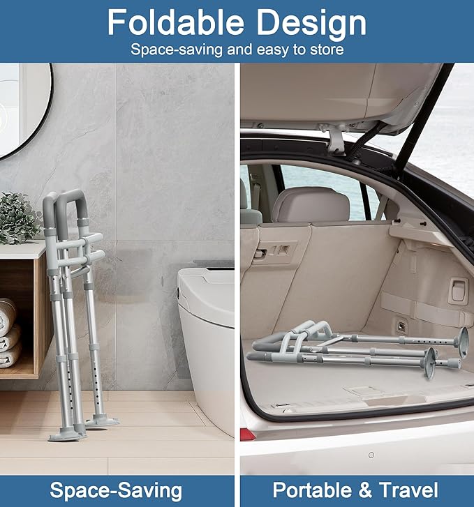 Toilet Safety Rails for Seniors (350 LBS), Adjustable Toilet Safety Frame for Elderly and Disabled, Foldable Handicap Toilet Assistance Rail Fits Most Toilets, Gray