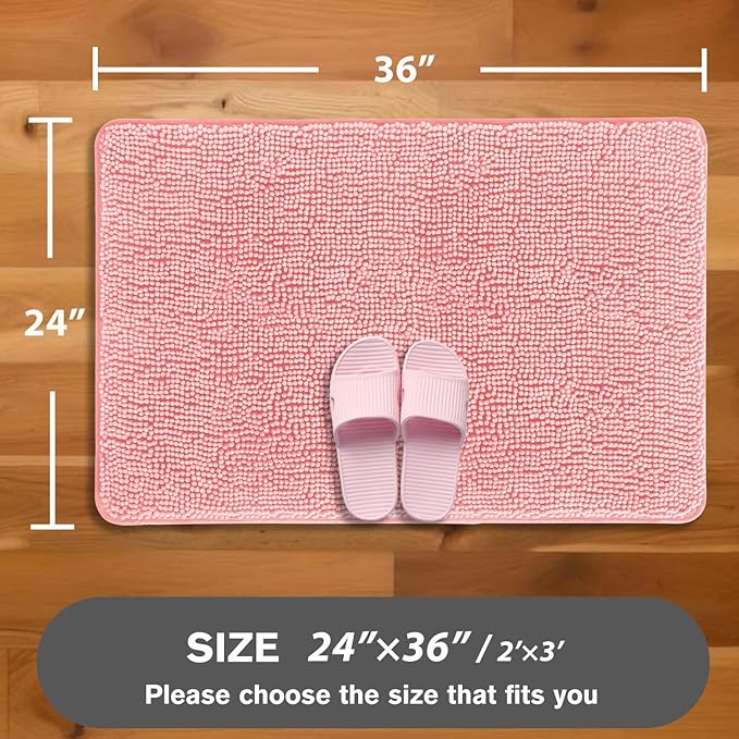 Pink Bathroom Rugs – Absorbent and Washable Bath Mat, Non-Slip, Thick Soft Chenille Bath Rugs for Bathroom Floor, Shower, Sink - 24" x 36"