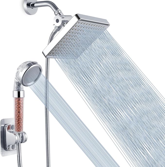 Voolan High Pressure Rain Shower Head with Handheld Spray Combo, Hand Held Filter Showerhead with Self-adhesive Holder and 59" Hose (Luxury Chrome)